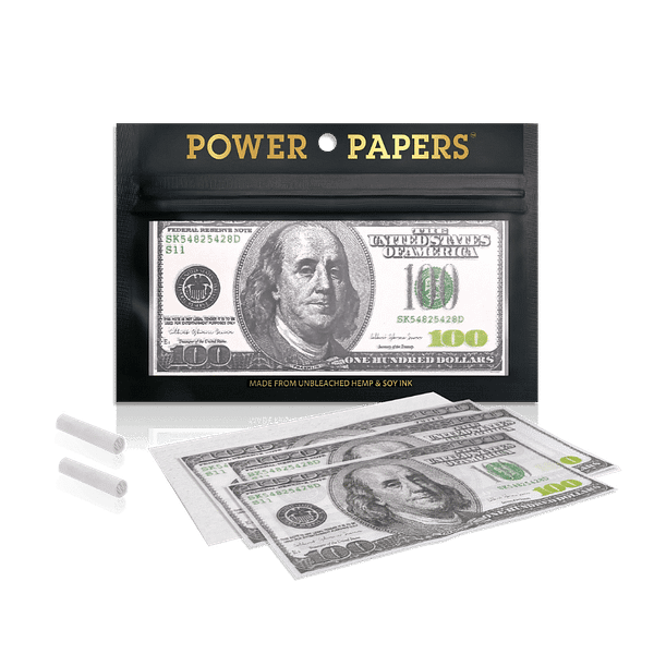 Paquet de 12 feuilles à rouler et 12 filtres en papier. Les feuilles sont en forme de billets de 100$.