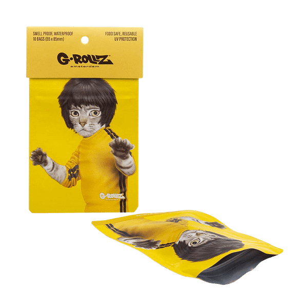 10 sachets anti-odeur de la marque G-Rollz avec un dessin d'un chat habillé en Bruce Lee