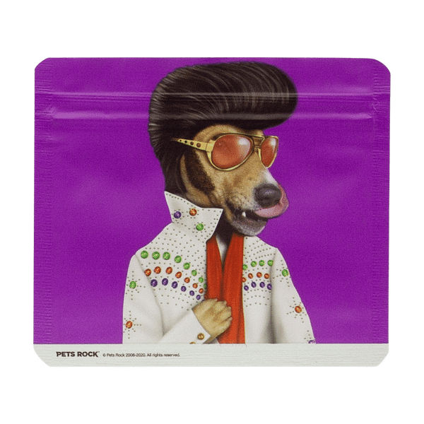 sachet en aluminium anti-odeur, anti-UV et imperméable pour stocker tes fleurs de CBD. Le dessin représente un chien déguisé en Elvis Presley.